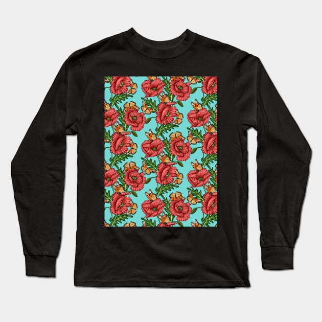 Poppies And Butterflies Pattern Long Sleeve T-Shirt by Designoholic